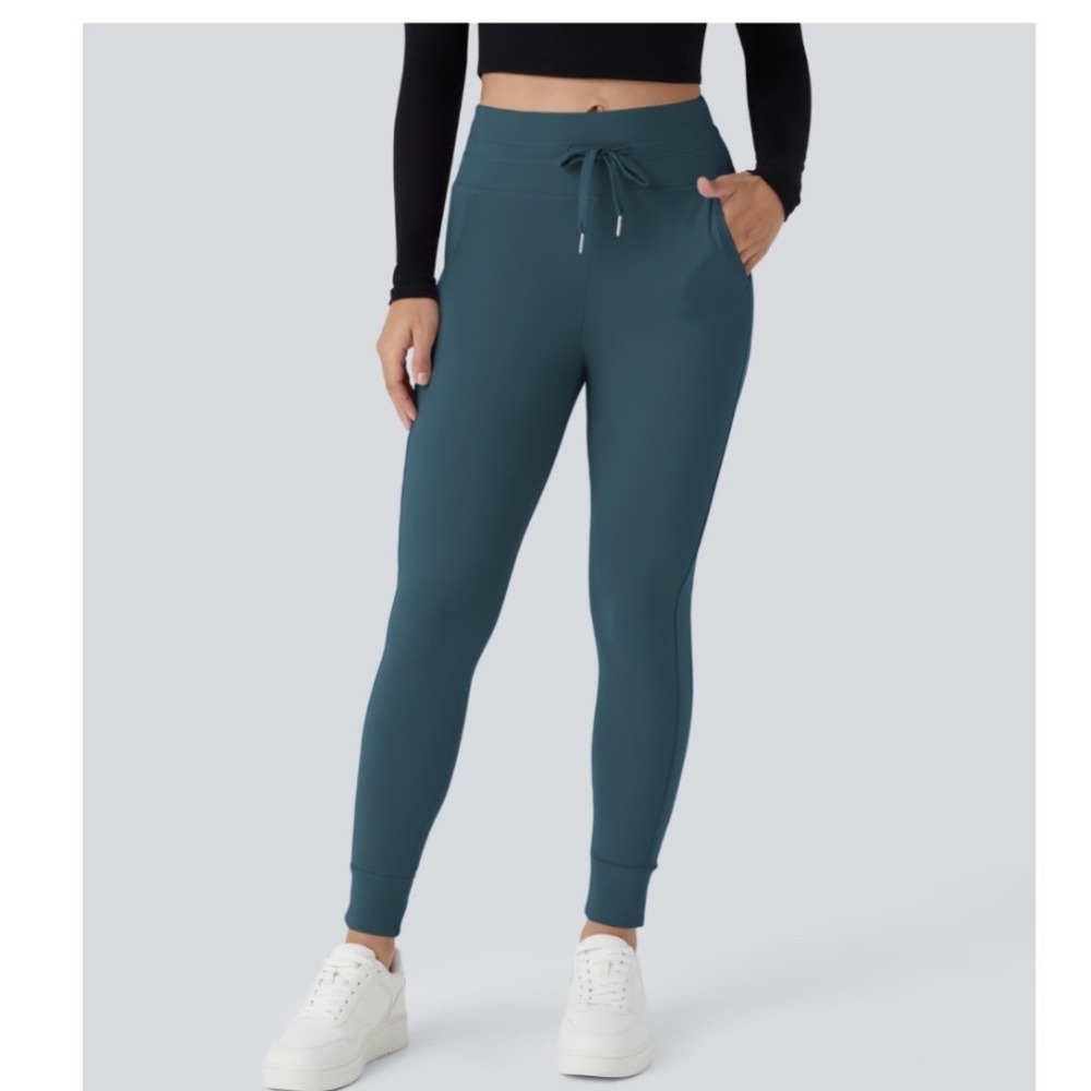 Halara High Waisted Drawstring Joggers Blue Pockets Small